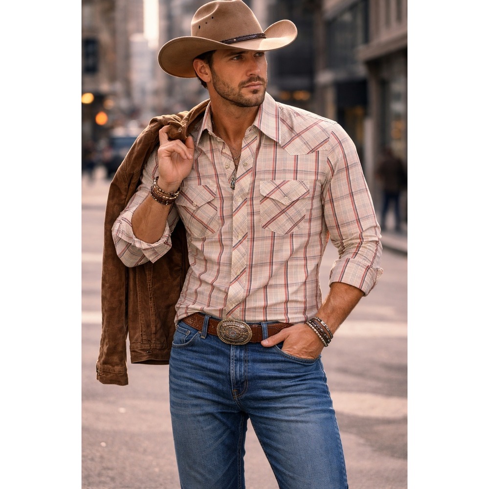 Vintage Tem Tex Mens M Pearl Snap Western Shirt Orange Plaid Long Sleeve Cowboy